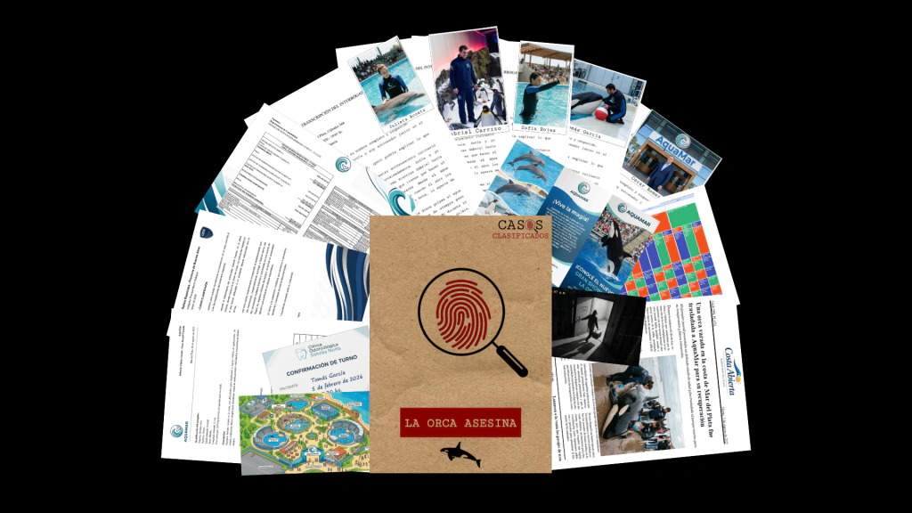 El expediente de “La orca asesina” desplegado: carpeta del caso, fichas de sospechosos, folletos de AquaMar, plano y recortes de diario